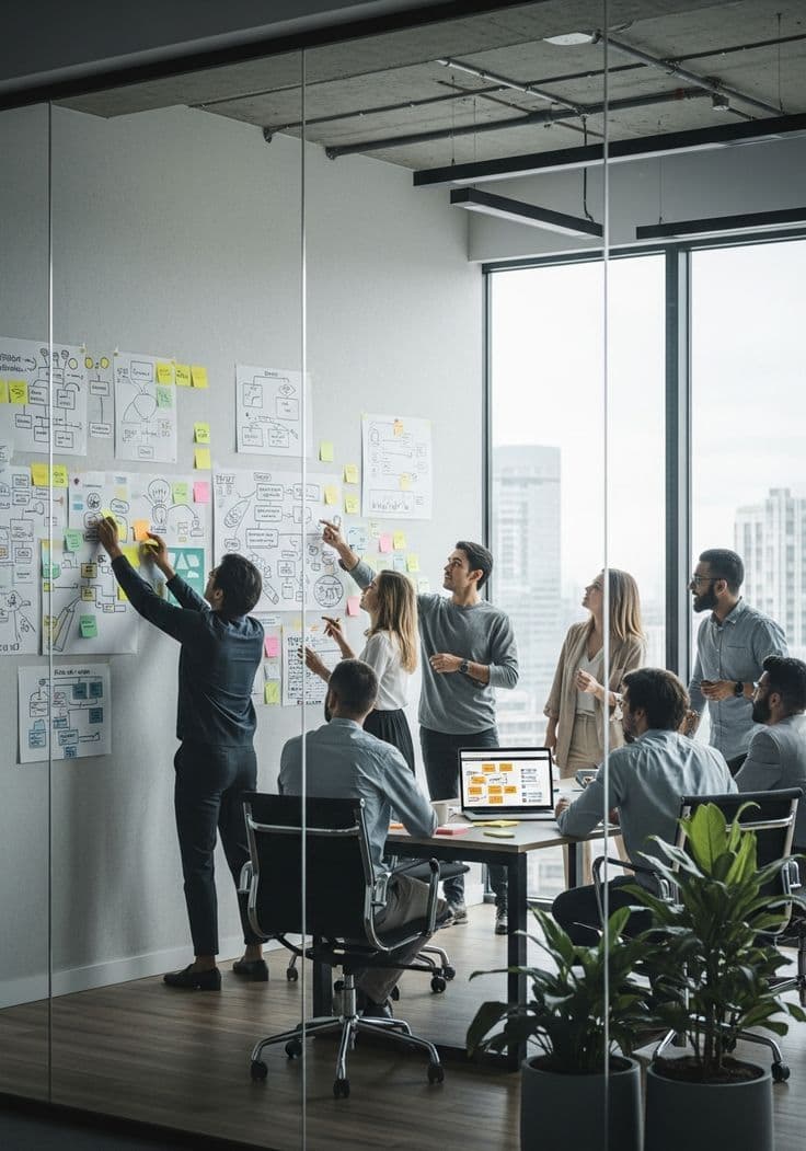 Équipe analysant des schémas et des notes sur un mur de travail