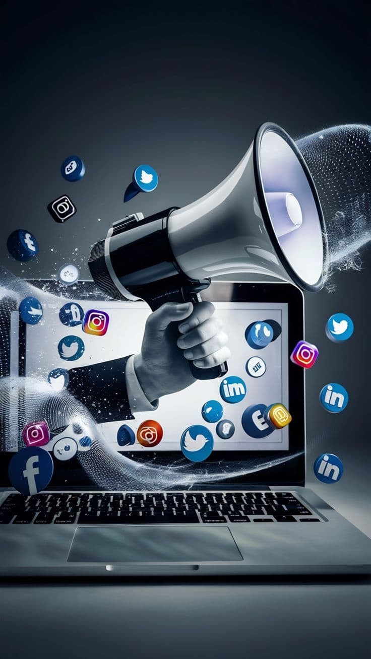 Mégaphone sortant d'un écran entouré d'icônes de réseaux sociaux